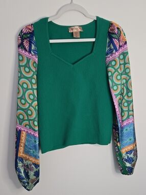 BAILEY 44 Green Ribbed Top with Vibrant  Balloon Sleeves Boho Preppy Size Large